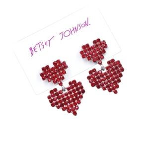 Betsey Johnson Heart Earrings- Sparkling Red Rhinestone dangle drop new w tags